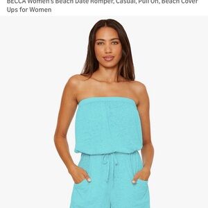 BECCA Strapless Beach Romper in Aqua Blue